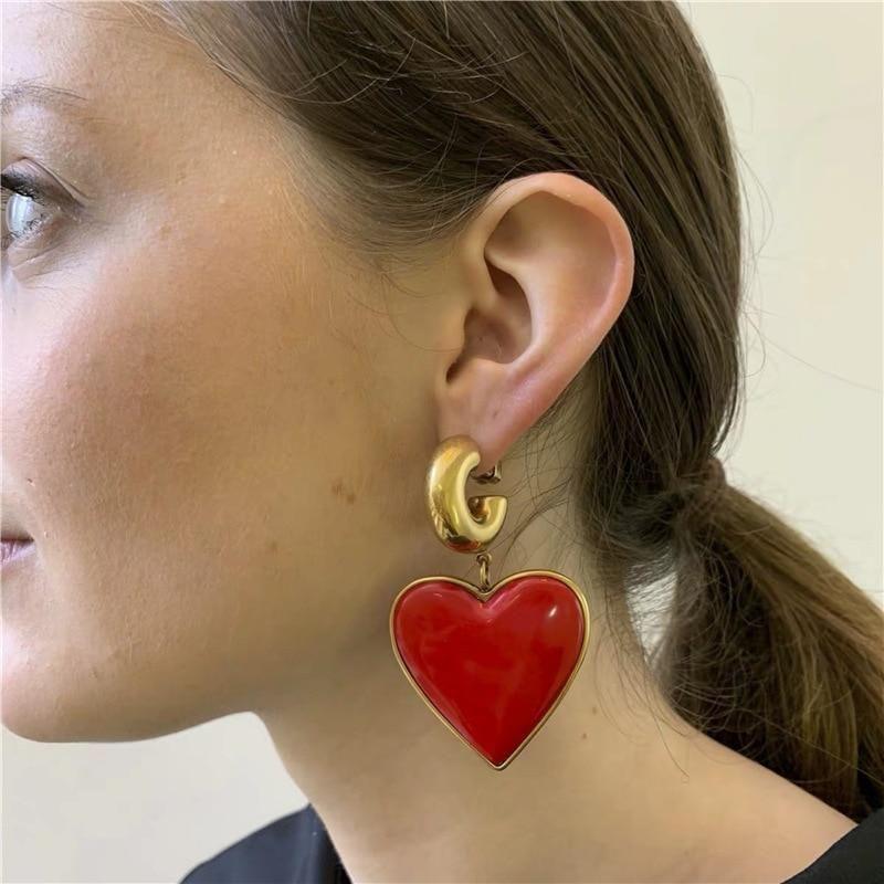 Earrings Vintage Big Metal Red Heart