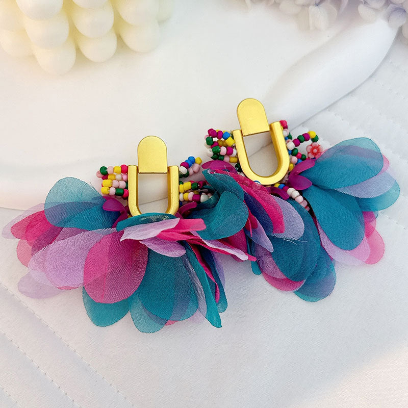 Handmade Fabric Floral Rice Bead Earrings