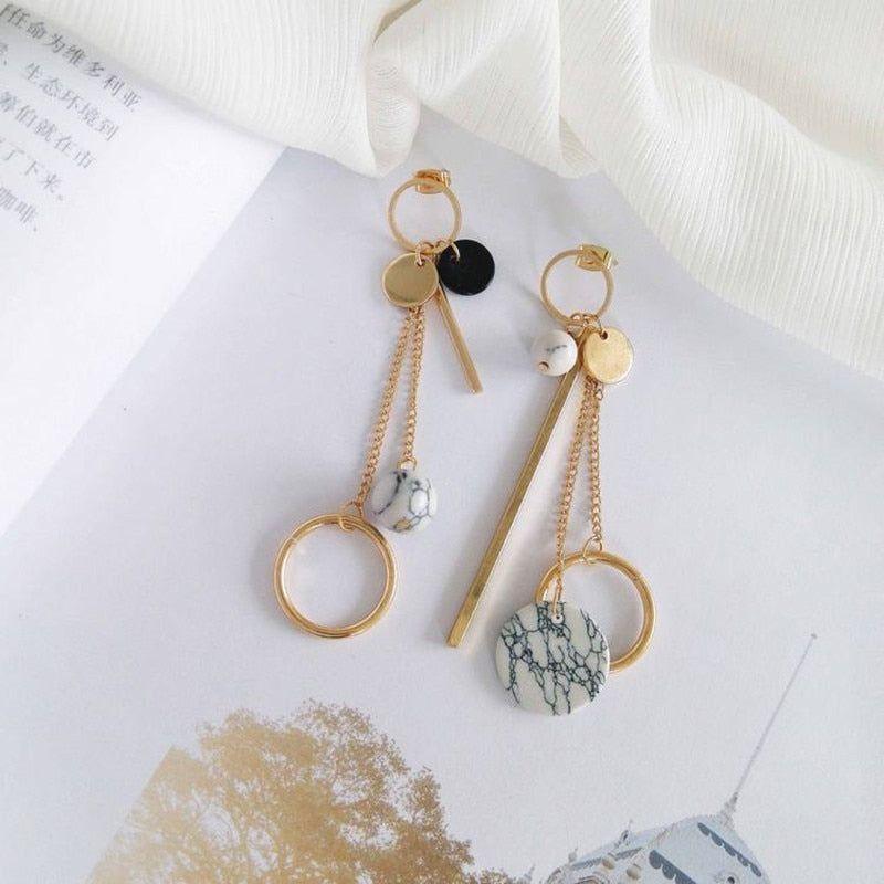 Simple Geometric Round Marble Long Earrings