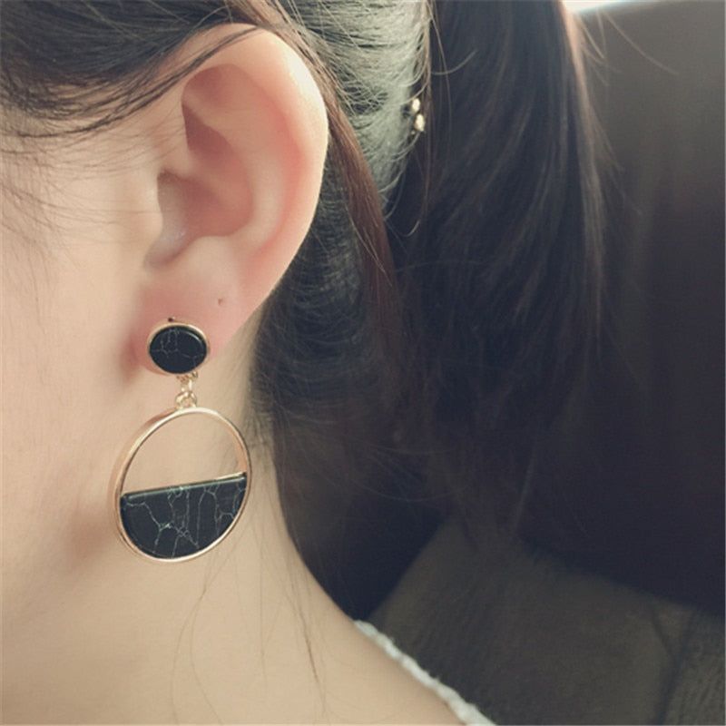 Simple Geometric Round Marble Long Earrings