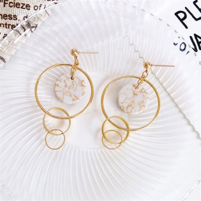 Simple Geometric Round Marble Long Earrings