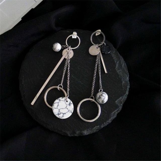 Simple Geometric Round Marble Long Earrings