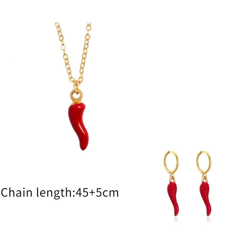 Fashionable Gold Chili Pendant Earrings and Necklace Set with Red Enamel Accents