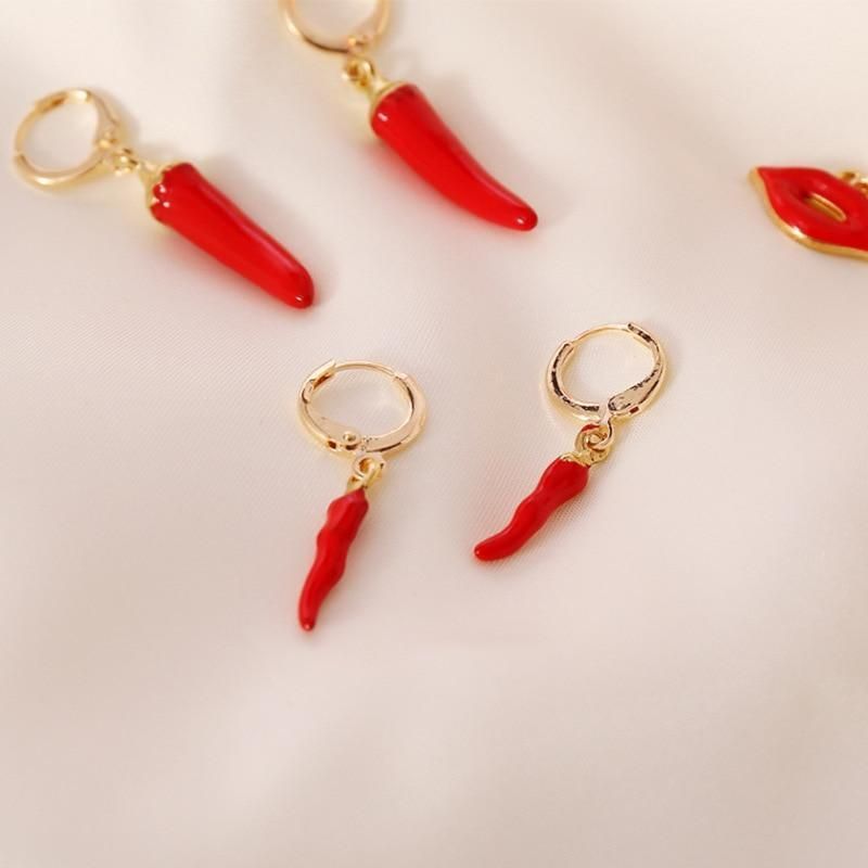 Fashionable Gold Chili Pendant Earrings and Necklace Set with Red Enamel Accents