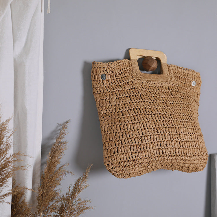 Handle Wooden Handle Woven Straw Bag