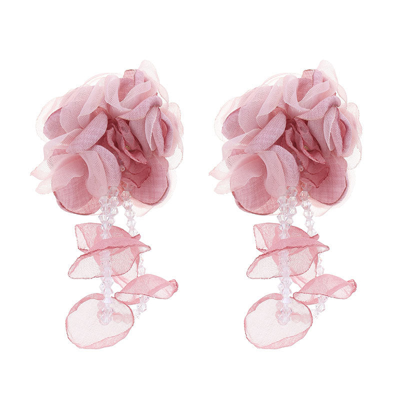 Handmade Fabric Floral Crystal Tassel Earrings