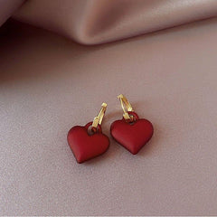 Frosted Matte Red Heart Drop Earrings