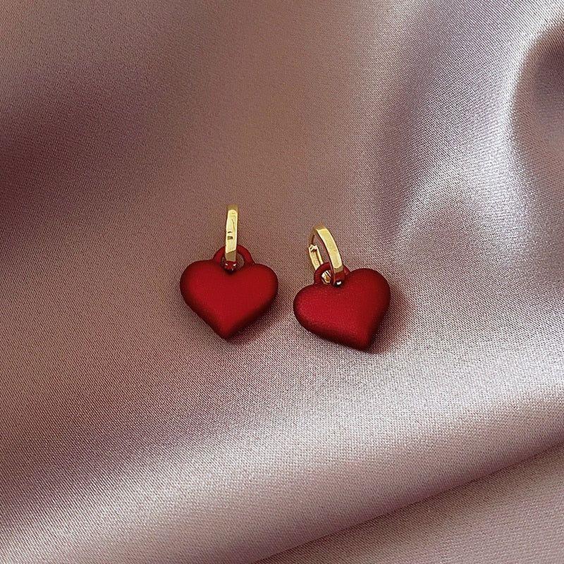 Frosted Matte Red Heart Drop Earrings