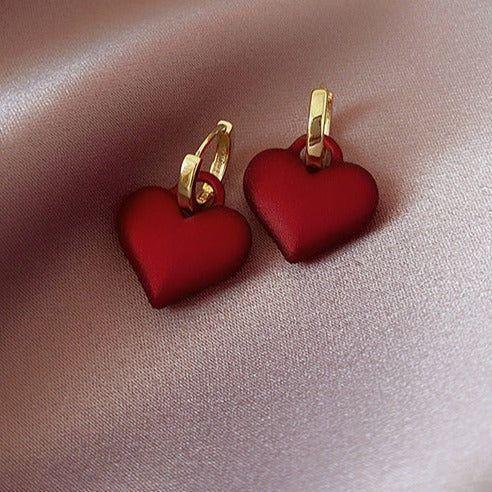 Frosted Matte Red Heart Drop Earrings