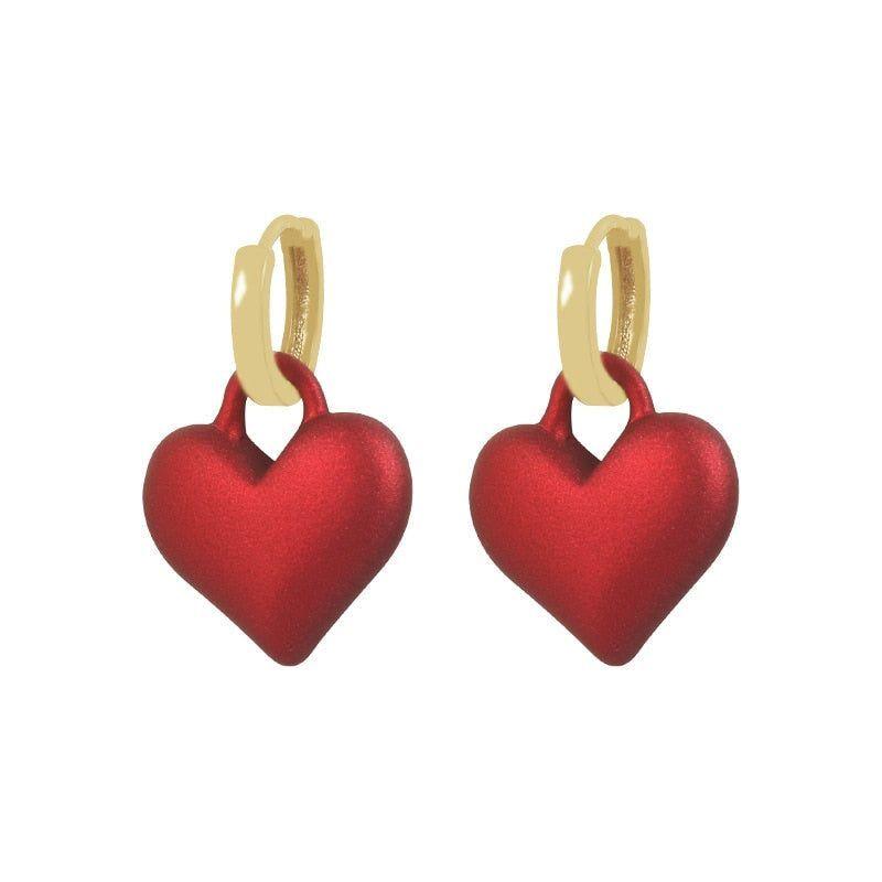 Frosted Matte Red Heart Drop Earrings