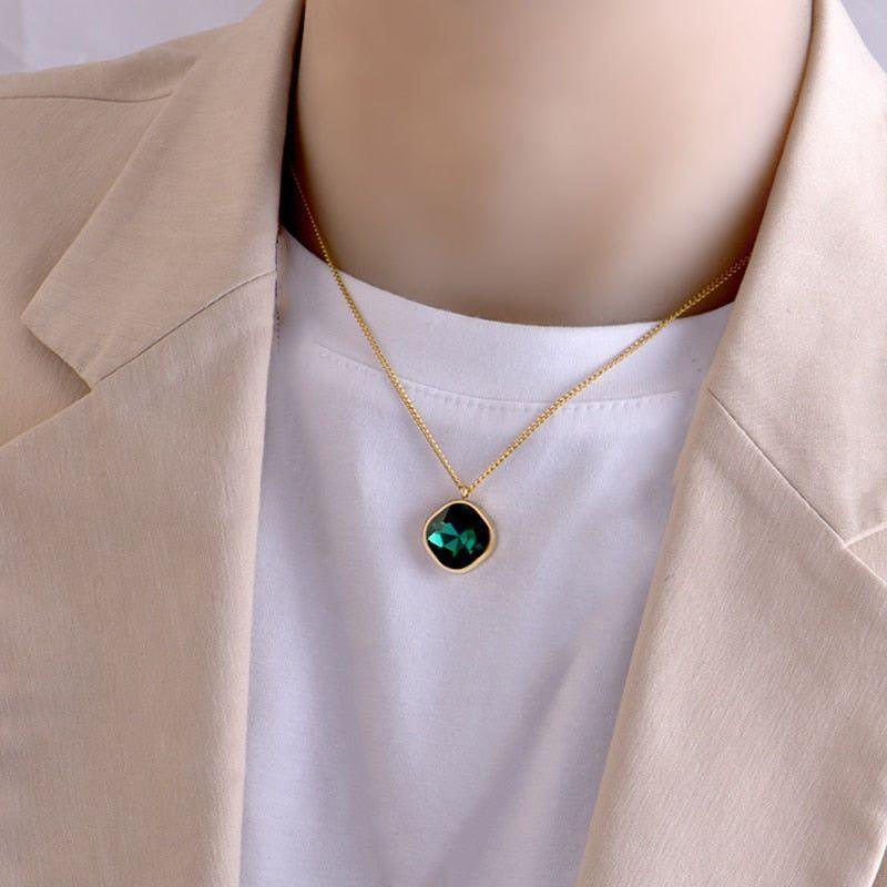 Geometric Rhombus Green Crystal Stainless Steel Necklace