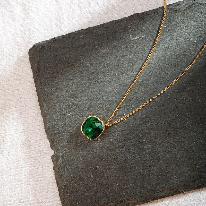 Geometric Rhombus Green Crystal Stainless Steel Necklace