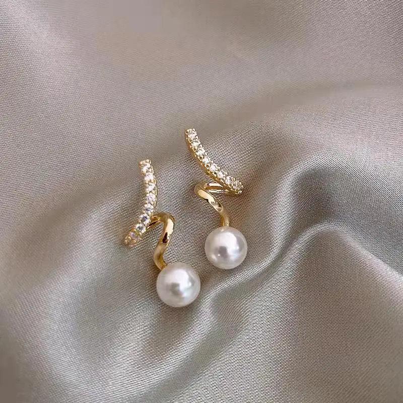 Geometric Spiral Pearl Pendant Drop Earrings