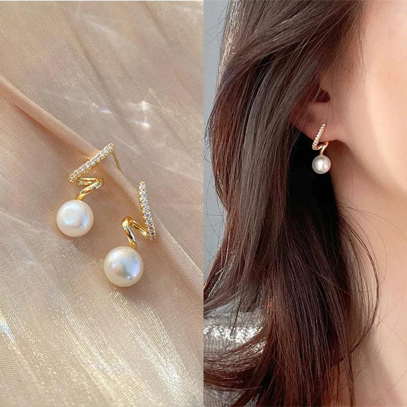 Geometric Spiral Pearl Pendant Drop Earrings