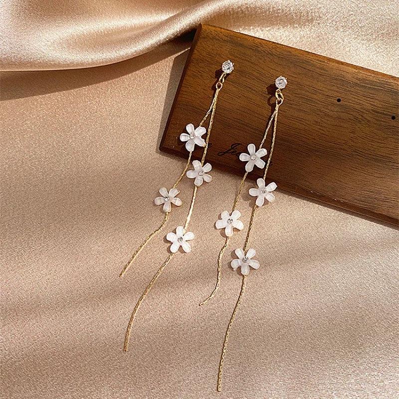 Glass White Daisy Flower Drop Earrings