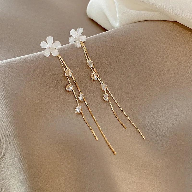 Glass White Daisy Flower Drop Earrings