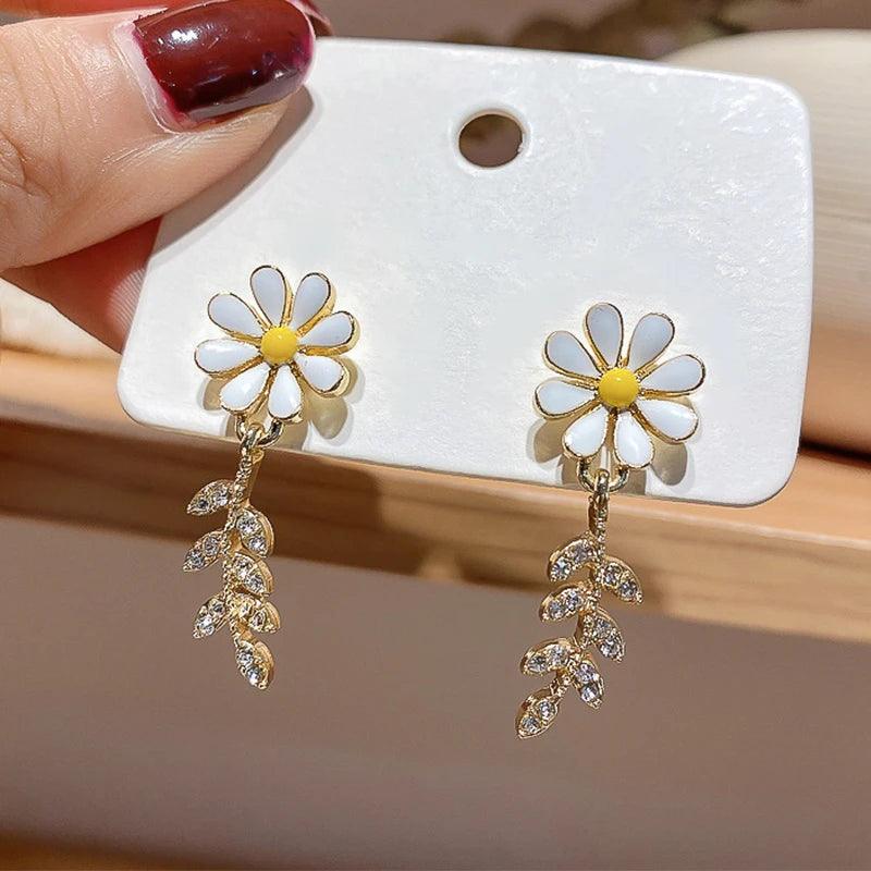 Glass White Daisy Flower Drop Earrings