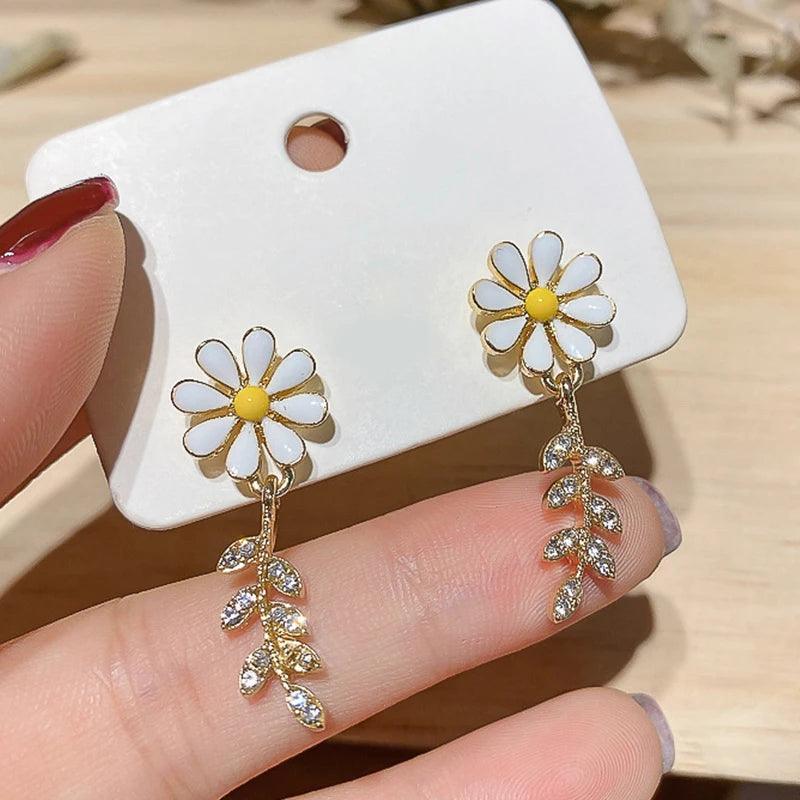 Glass White Daisy Flower Drop Earrings