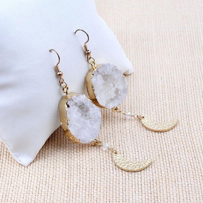 Half Moon Natural White Stone Big Long Earrings