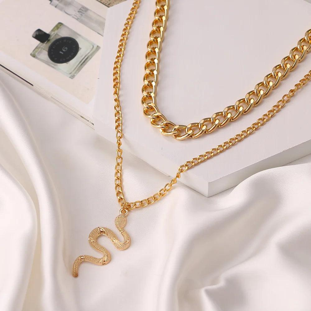 Hip Hop Gold Color Multilayer Snake Pattern Pendant Necklaces