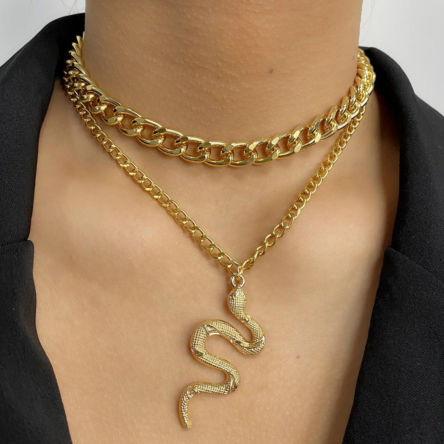 Hip Hop Gold Color Multilayer Snake Pattern Pendant Necklaces