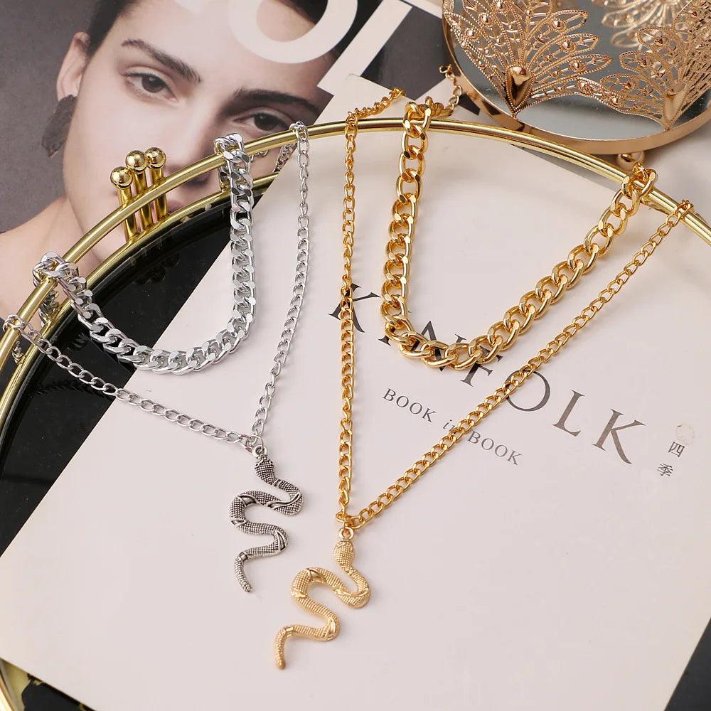 Hip Hop Gold Color Multilayer Snake Pattern Pendant Necklaces