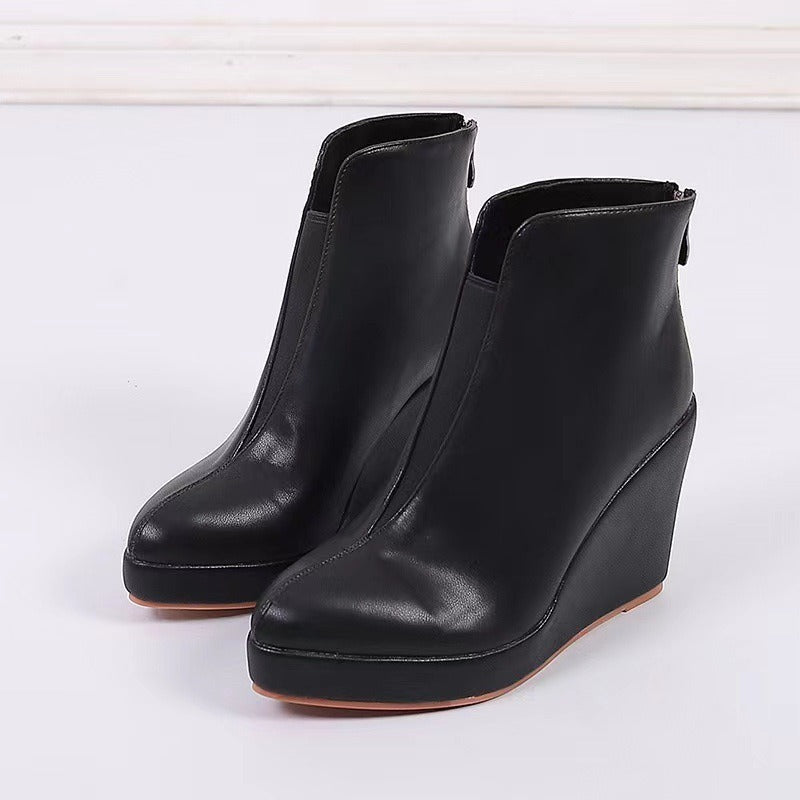 Round Toe Side Zip Platform High Heel Black Boots