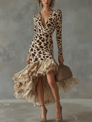 Long-Sleeved V-Neck Printed Dress
