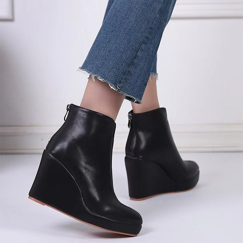 Round Toe Side Zip Platform High Heel Black Boots
