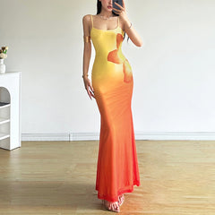 Gradient-Colored Flower-Patterned Fishnet Dress
