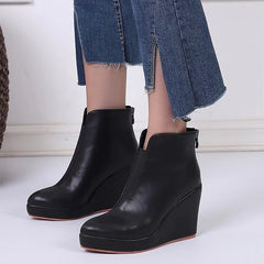 Round Toe Side Zip Platform High Heel Black Boots