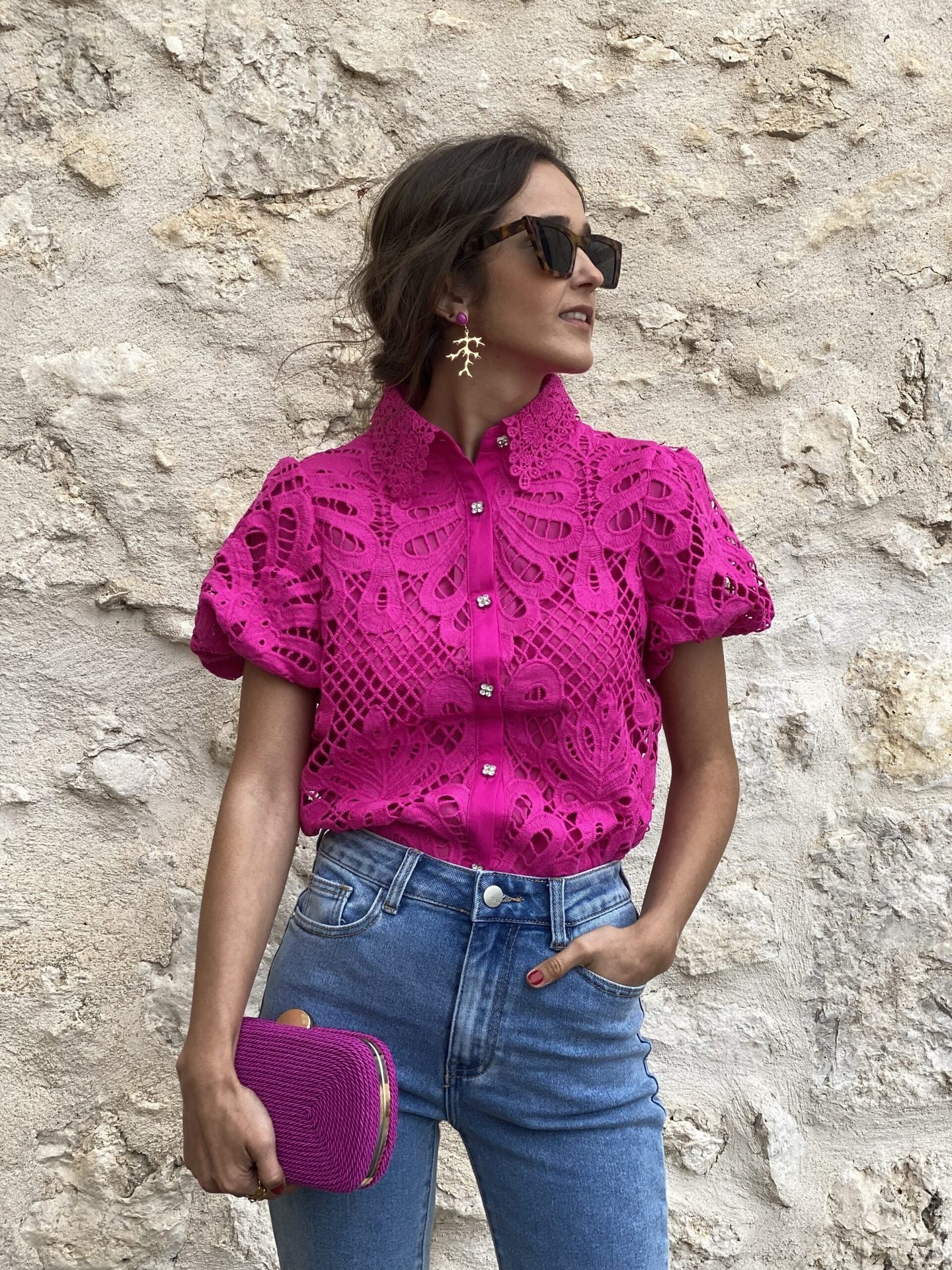 Here Comes The Sun Crochet Lace Puff Sleeve Blouse