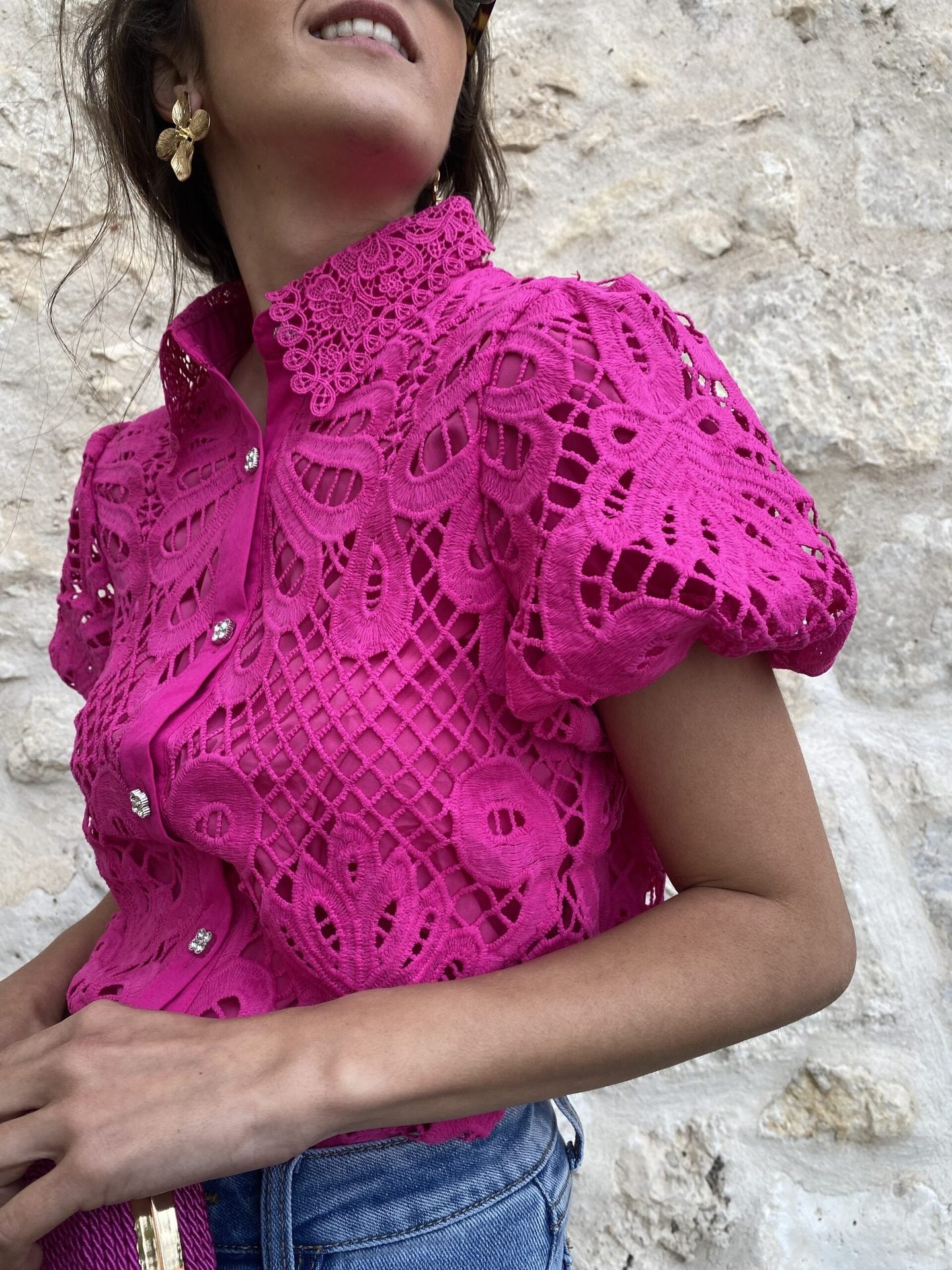 Here Comes The Sun Crochet Lace Puff Sleeve Blouse