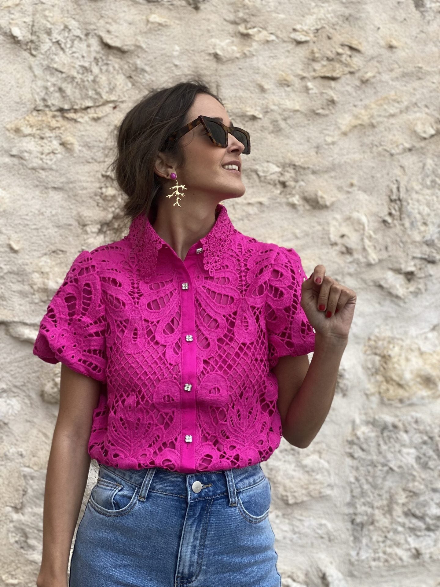 Here Comes The Sun Crochet Lace Puff Sleeve Blouse