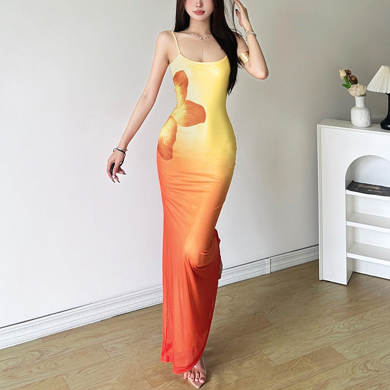 Gradient-Colored Flower-Patterned Fishnet Dress