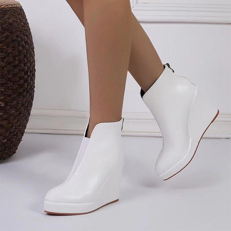 Round Toe Side Zip Platform High Heel Black Boots