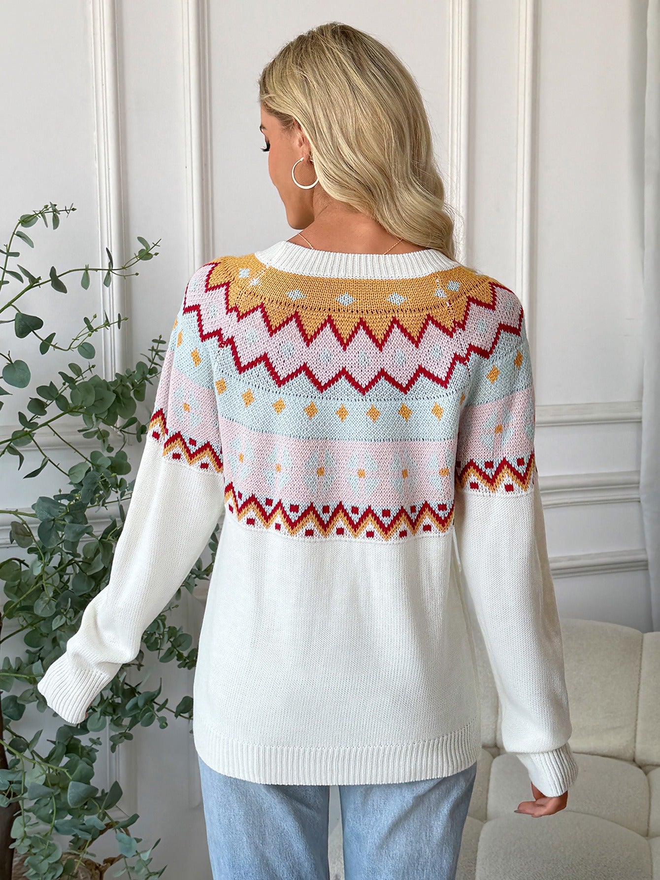 Contrast Round Neck Long Sleeve Sweater