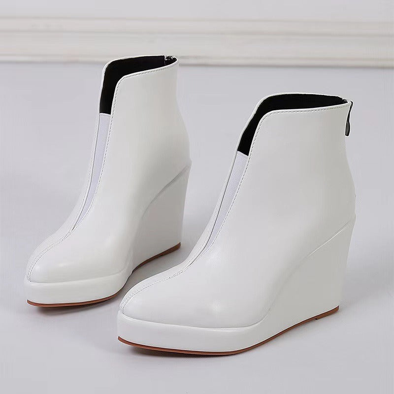 Round Toe Side Zip Platform High Heel Black Boots