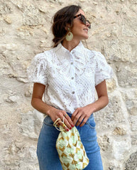 Here Comes The Sun Crochet Lace Puff Sleeve Blouse