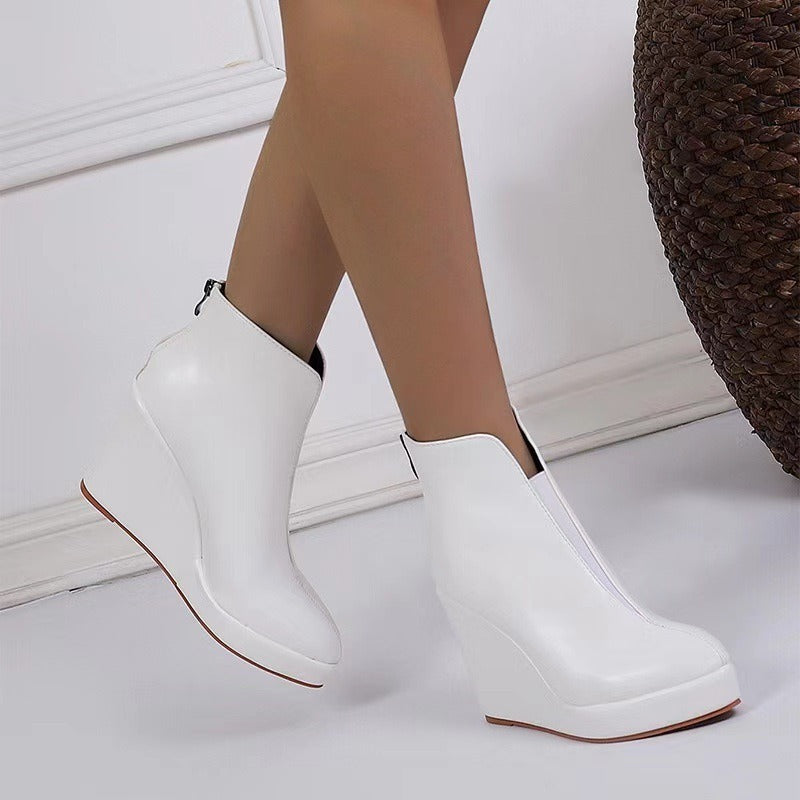 Round Toe Side Zip Platform High Heel Black Boots