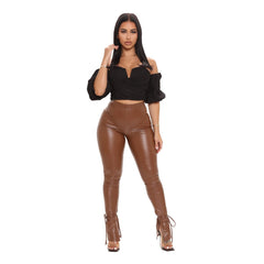 High-Waisted Hip-Lifting Pleated Skinny Long Leather Pants