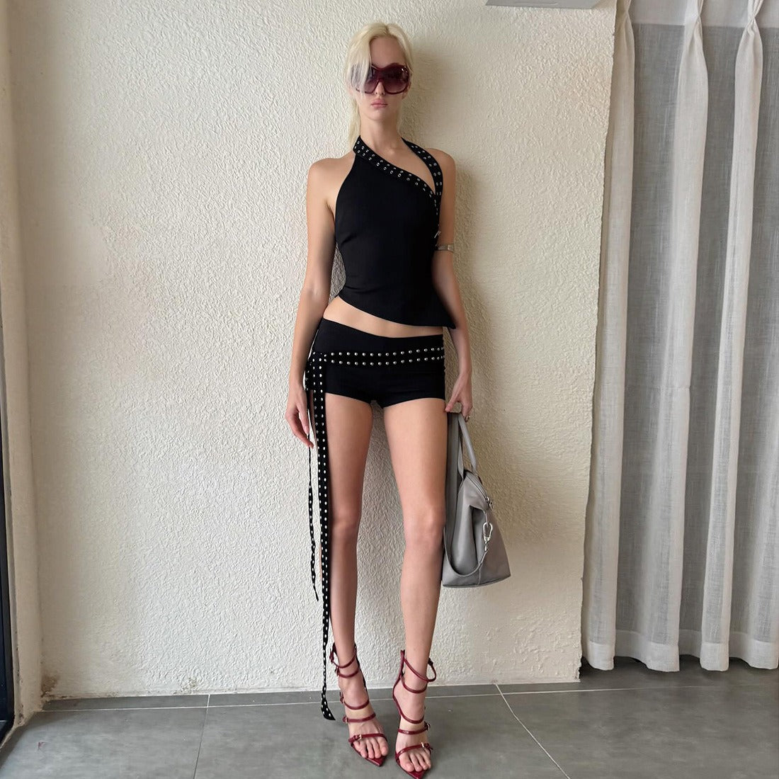 Single-Shoulder Top With Rivet Fringes And Short Pants