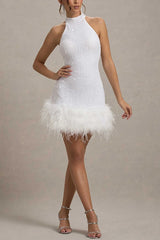 Dancefloor Elf Sequin Feather Trim High Neck A-line Mini Dress