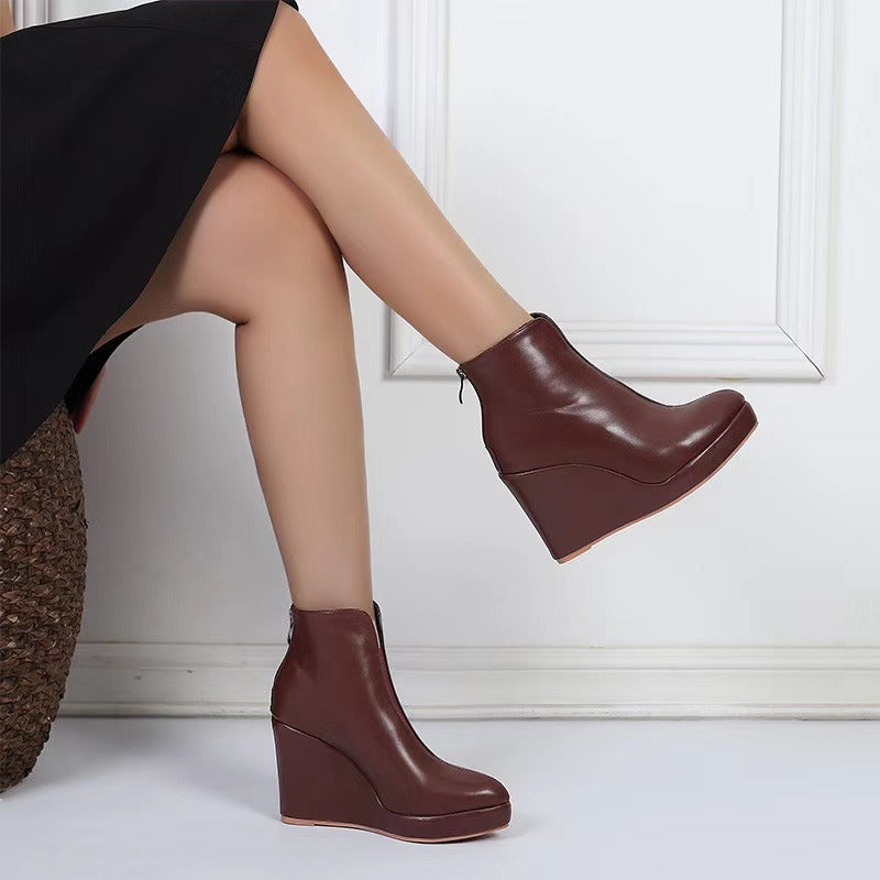 Round Toe Side Zip Platform High Heel Black Boots