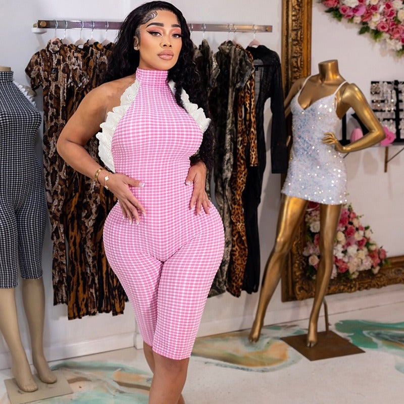Retro Halterneck Halter Back Plaid Jumpsuit