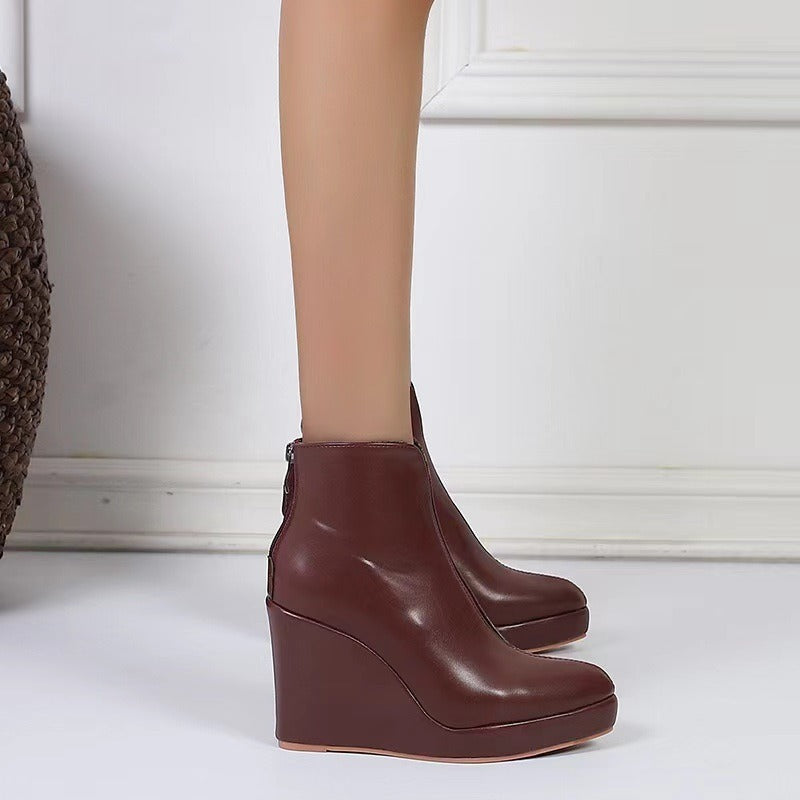 Round Toe Side Zip Platform High Heel Black Boots
