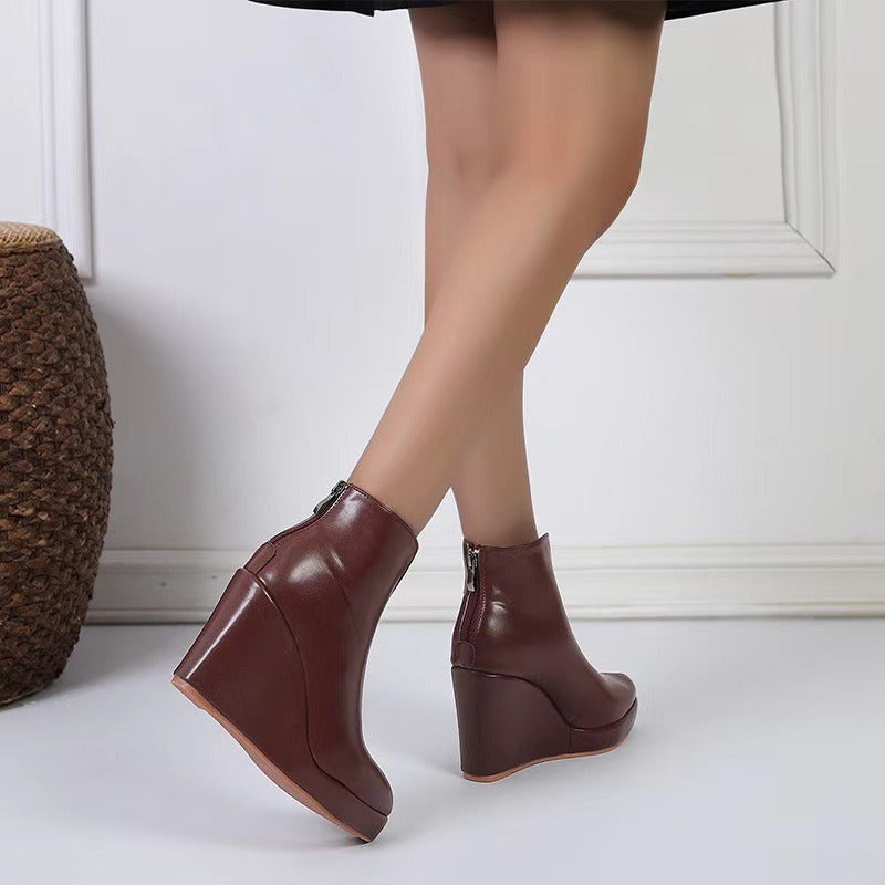 Round Toe Side Zip Platform High Heel Black Boots