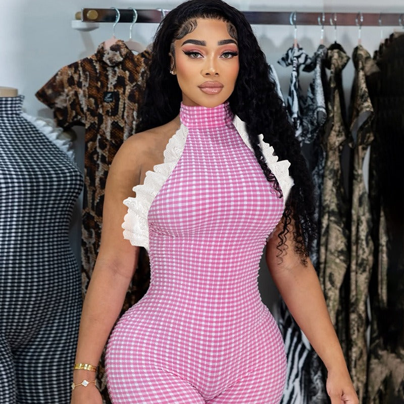 Retro Halterneck Halter Back Plaid Jumpsuit