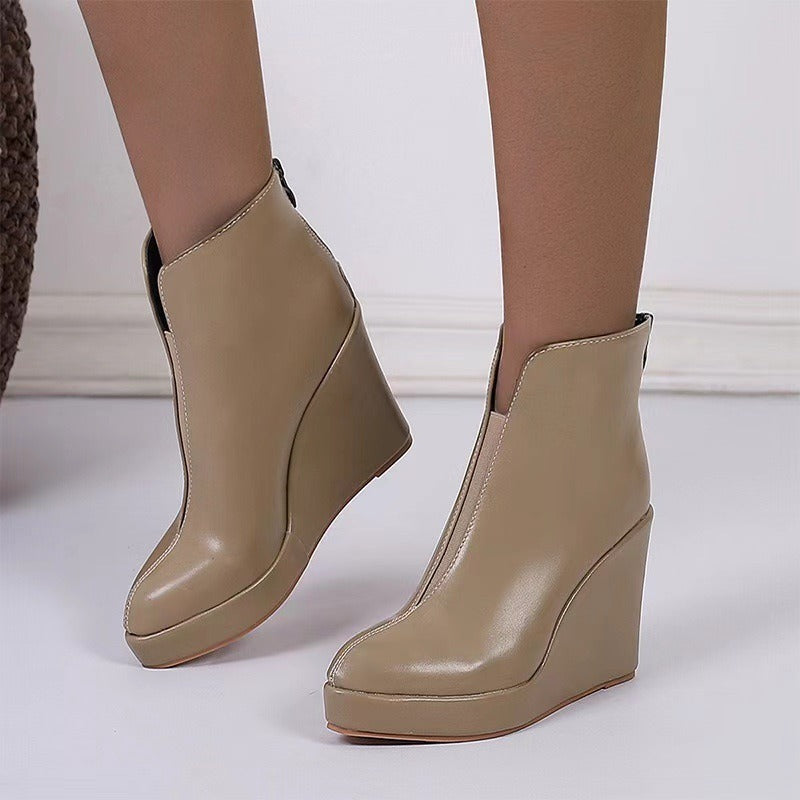 Round Toe Side Zip Platform High Heel Black Boots