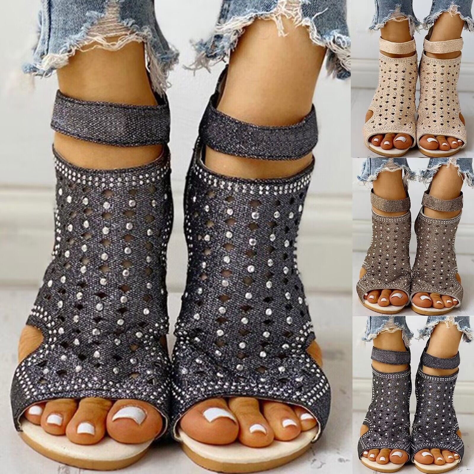 Crystal Fish Mouth Hollow Roma Sandals